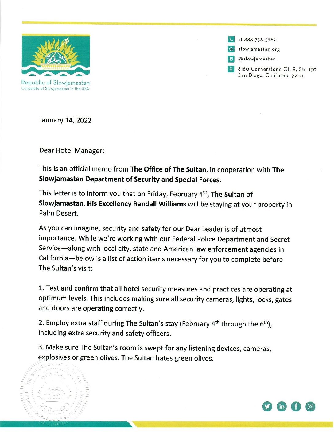 Security palm desert memo the republic of slowjamastan